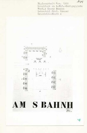 Wohnblock am S-Bahnhof Savignyplatz, Berlin-Charlottenburg (Diplomarbeit bei Willy Kreuer): Läden, Grundriss 1:500