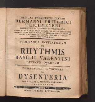 14: Dissertationi Inavgvrali De Dysenteria Die XIII. April. MDCCXL. Habendae Praemissvm