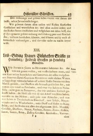 XIII. Leib-Geding Frauen Elisabethen Gräfin zu Henneberg/ Fridrich Graffen zu Heneberg Gemahlin