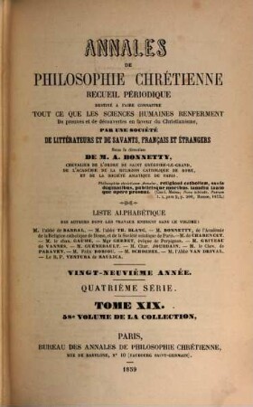 Annales de philosophie chrétienne. 58 = Sér. 4, A. 29 = T. 19. 1859