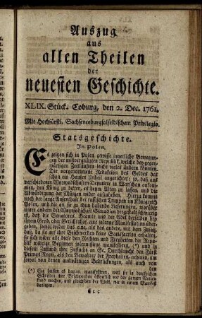 XLIX. Stück. Coburg, den 2. Dec. 1761.
