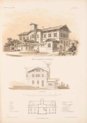 Bahnhofsgebäude, Sonneberg: Grundriss, Perspektivische Ansicht, Seitenansicht (aus: Architektonisches Skizzenbuch, H. 58/5, 1862)