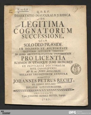Dissertatio Inauguralis Juridica De Legitima Cognatorum Successione