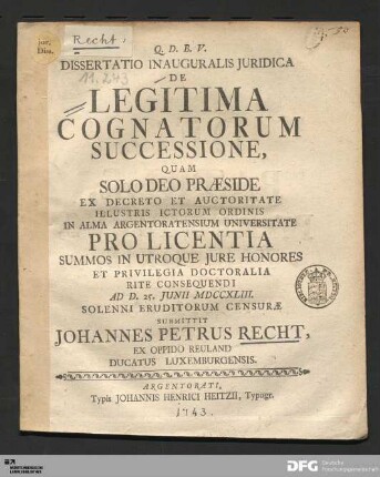 Dissertatio Inauguralis Juridica De Legitima Cognatorum Successione