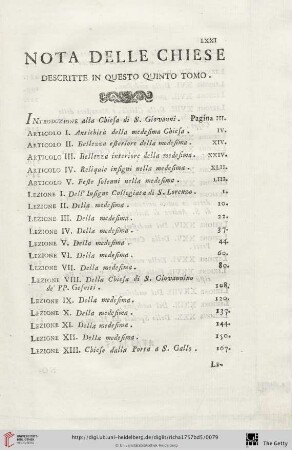 Nota delle Chiese descritte in questo quinto tomo