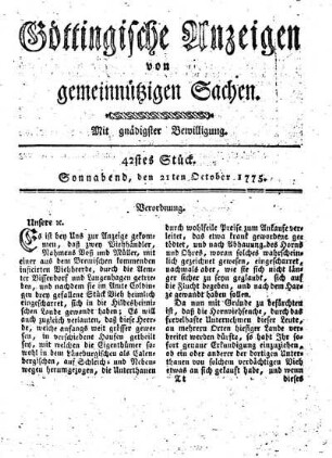 42stes Stück. Sonnabend, den 21ten October 1775.