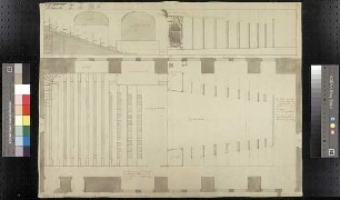 Grundriss und Längsschnitt des Zuschauerraumes und der Bühne eines Theaterprojektes