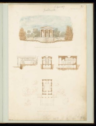 Grabkapelle Monatskonkurrenz April 1867: Grundriss, Aufriss Vorderansicht, Seitenansicht, Längsschnitt, Querschnitt; 2 Maßstabsleisten