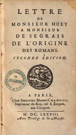 Lettre de Monsieur Huet a Monsieur de Segrais de l'origine des Romans