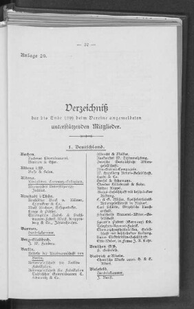 Anlage 20. Verzeichniß der bis Ende 1899 beim Vereine angemeldeten unterstützenden Mitglieder.