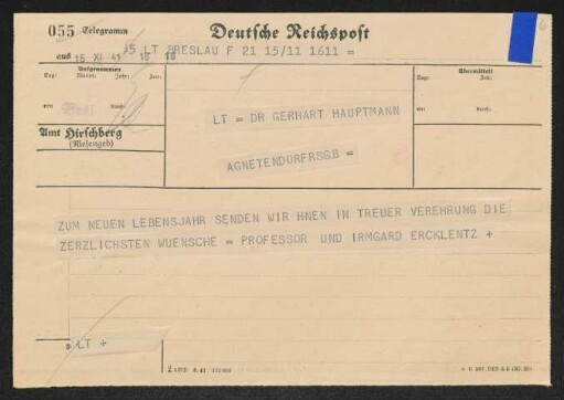 Brief von Wilhelm Ercklentz und Irmgard Ercklentz an Gerhart Hauptmann