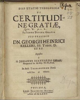 Disputatio Theologica De Certitudine Gratiae