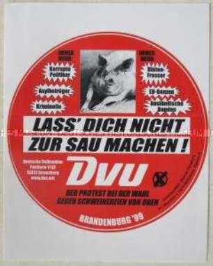 Aufkleber der rechtsradikalen DVU zur Landtagswahl in Brandenburg 1999, rückseitig Bestellformular für Propagandamaterial der Partei
