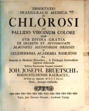 Dissertatio Inauguralis Medica De Chlorosi Seu Pallido Virginum Colore