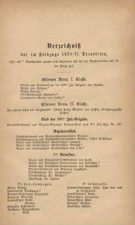 Verzeichniß der im Feldzuge 1870/71 Decorirten