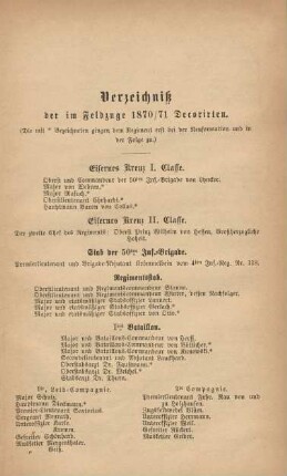 Verzeichniß der im Feldzuge 1870/71 Decorirten