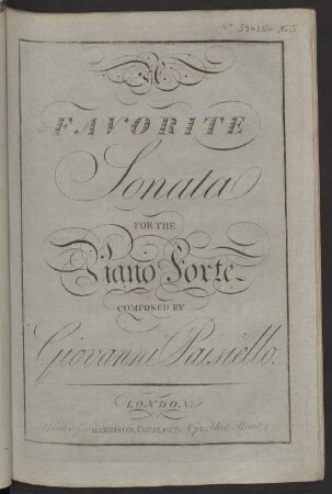 A FAVORITE Sonata FOR THE Piano Forte COMPOSED BY Giovanni Paisiello