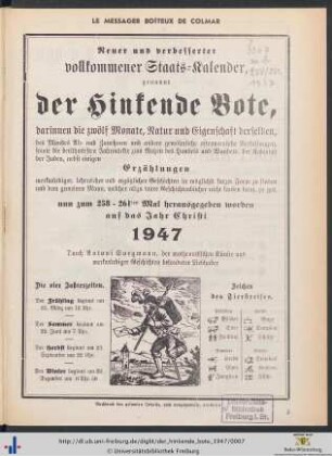 Neuer und verbesserter vollkommener Staats-Kalender, genannt der Hinkende Bote, ... auf das Jahr 1947.