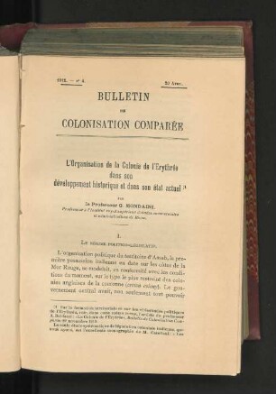 L organisation de la colonie de l erythree dans son developpement historique et dans son etat actuel