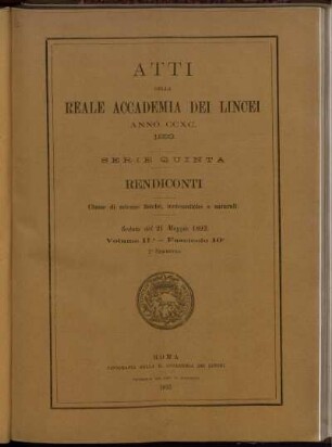 Seduta del 21 Maggio 1893. Volume II. - Fascicolo 10.