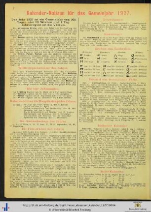 Kalender-Notizen für das Gemeinjahr 1927.