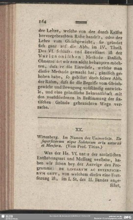 XX. Wittenberg. Im Namen der Universität. De supersicierum atque Solidorum ortu naturali et Mensura (Vom Prof. Titius.)