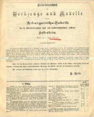 Preis-Verzeichnis der Werkzeuge und Modelle