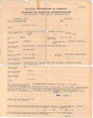 Fragebogen für Insassen der Konzentrationslager