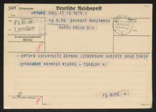 Brief von Hermann Georg Fiedler von Oxford University German Literary Society  an Gerhart Hauptmann