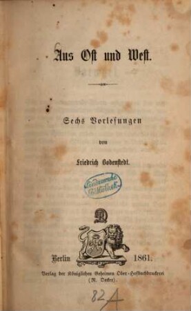 Aus Ost und West : sechs Vorlesungen