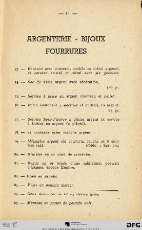 Argenterie - Bijoux - Fourrures (Nr. 73-85)