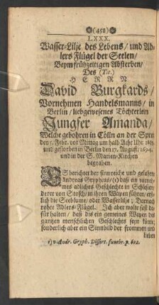 LXXX. ... Beym frühzeitigen Absterben/ Des Herrn David Burgkards ... Töchterlein ... Amanda ... den 17. August/ 1694. ... begraben.