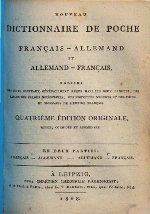 Nouveau dictionnaire de poche Français-Allemand et Allemand-Français : enrichi des mots nouveaux ..., 2.. Allemand-Français