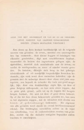 I. Aard van het grondbezit en van de op de verschillende soorten van gronden uitgeoefende regten. (Thans bestaande toestand)