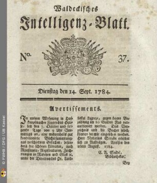 No. 37, Dienstag den 14. Sept. 1784