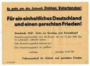 Aufruf zur Einzeichnung in die Listen des Volksbegehrens für Einheit und gerechten Frieden
