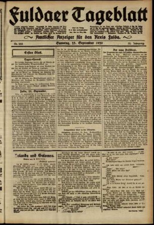 Erste Ausgabe vom Samstag, den 25. September 1920.