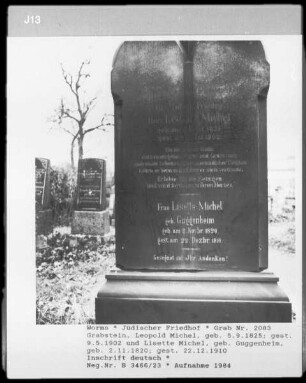 Grabstein von Leopold Michel (gestorben 1902.05.09) und Lisette Michel, geborene Guggenheim (gestorben 1910.12.22)