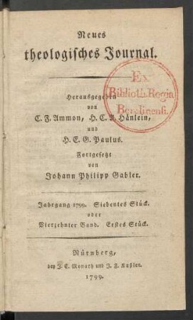 Jahrgang 1799. Siebentes Stück. oder Vierzehnter Band. Erstes Stück