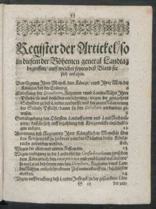 Register der Artickel/ so in diesem der Böhemen general Landtag begriffen ...