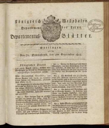 Nro 71. Sonnabend, den 4ten September 1813 [-] Nro 80. Sonnabend, den 9ten October 1813