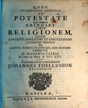 Disquisitio iur. de potestate, quae competit principi circa religionem