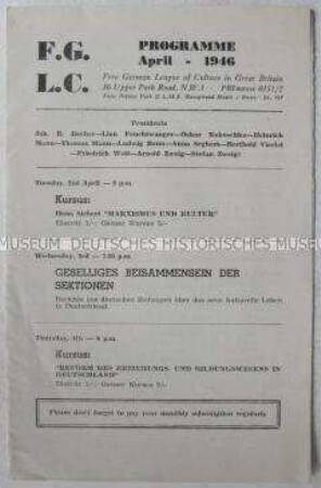 Programm der Veranstaltungen des Freien Deutschen Kulturbundes in Großbritannien für April 1946