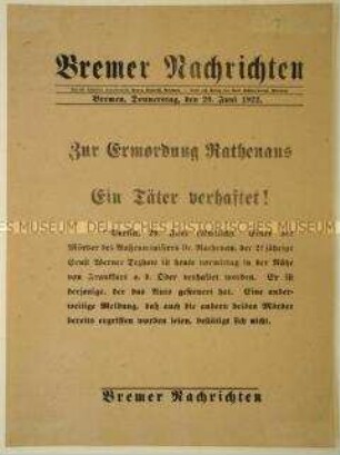 Sonderdruck der "Bremer Nachrichten" zur Ermordung von Walther Rathenau