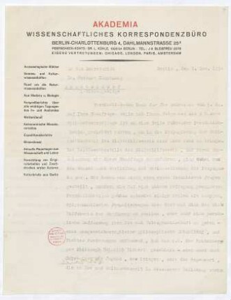 Brief von Ludwig Kühle von Akademia Wissenschaftliches Korrespondenzbüro an Gerhart Hauptmann