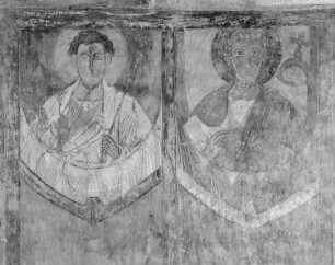 Traditio legis, umgeben von Heiligen, Aposteln und Märtyrern — Darstellung von Heiligen: Abdon, Sennen, Dorotheus, Gorgon, Sebastien, Sergius, Bacchus, Dionysius und Quintianus — Darstellung des heiligen Quintianus