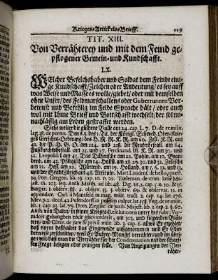 Tit. XIII. Von Verrähterey und mit dem Feind gepflogener Gemein- und Kundschafft.