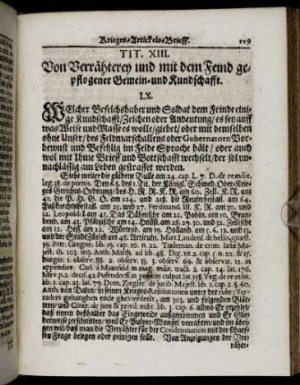 Tit. XIII. Von Verrähterey und mit dem Feind gepflogener Gemein- und Kundschafft.
