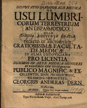 Dispvtatio Inavgvralis Medica De Usu Lumbricorum Terrestrium Antispasmodico