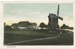 Greifswald. Bockmühle und Gehöft, kolorierte Ansichtskarte